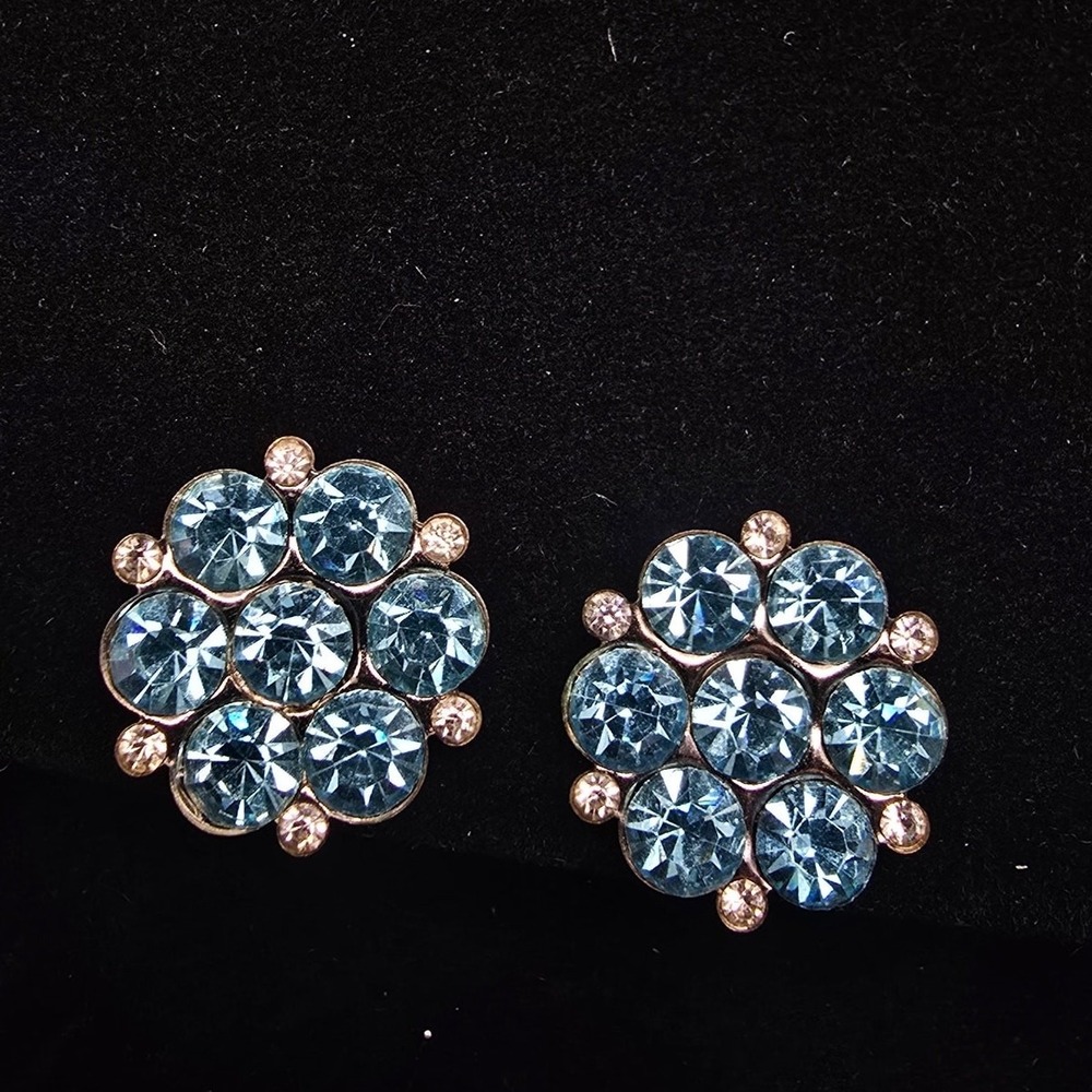 Blue Rhinestone Screw Back Earrings Vintage Costume Jewelry